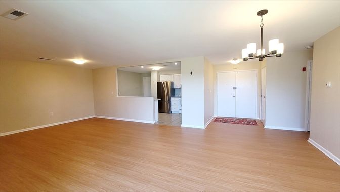 Chandelier, Empty room, Interior, Kitchen, Pendant Lights, Recessed Lighting, Wood Texture Flooring