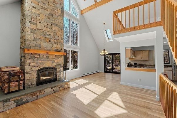Chandelier, Fireplace, Interior, Kitchen, Pendant Lights, Stone Walls, Wooden Beams, Wood Texture Flooring