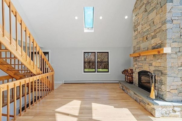 Fireplace, Interior, Recessed Lighting, Stone Walls, Wood Texture Flooring