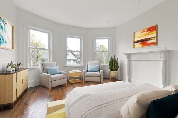 Bedroom, Fireplace, Interior, Recessed Lighting, Wood Texture Flooring