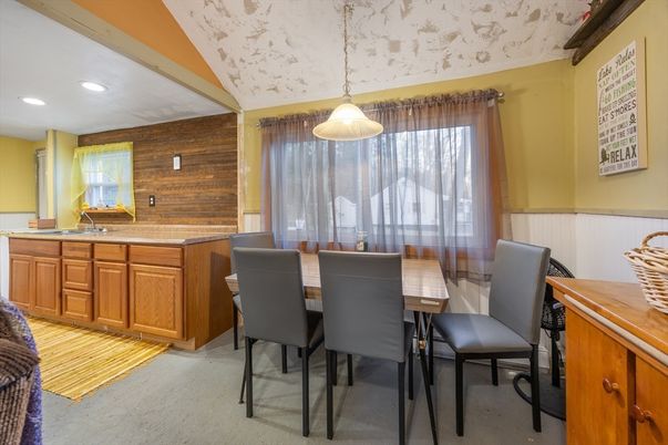 Dining room, Interior, Pendant Lights, Recessed Lighting, Wooden Walls