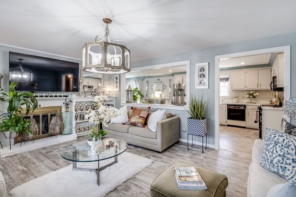 Fireplace, Interior, Kitchen, Living room, Pendant Lights, Recessed Lighting, Stainless Steel Appliances, Wood Texture Flooring