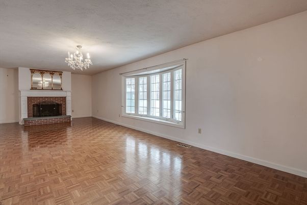 Chandelier, Empty room, Fireplace, Interior, Wood Texture Flooring