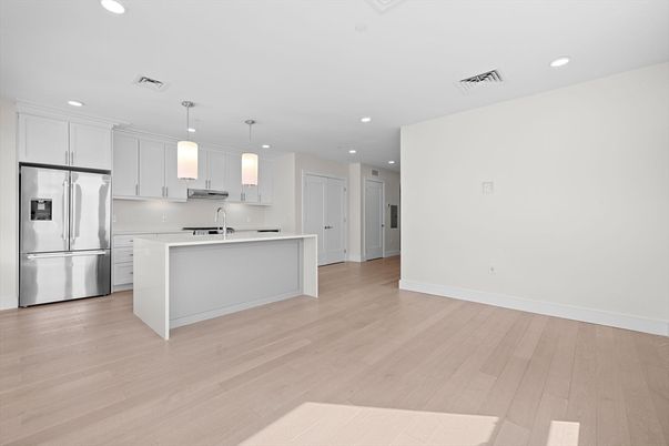 Interior, Kitchen, Pendant Lights, Recessed Lighting, Stainless Steel Appliances, Wood Texture Flooring