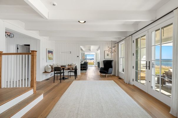 Dining room, Interior, Pendant Lights, Water, Wood Texture Flooring