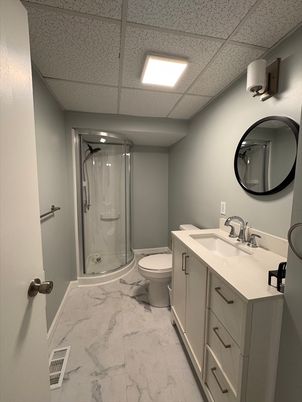 Bathroom, Dual Sink Vanities, Glass Shower, Interior, Marble