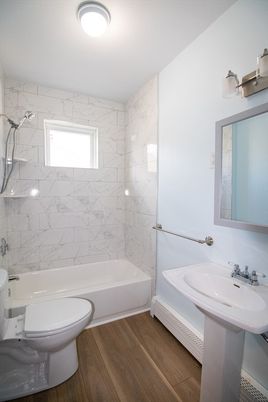 Bathroom, Interior, Marble Walls, Wood Texture Flooring