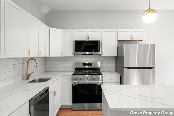 Interior, Kitchen, Pendant Lights, Stainless Steel Appliances, Wood Texture Flooring