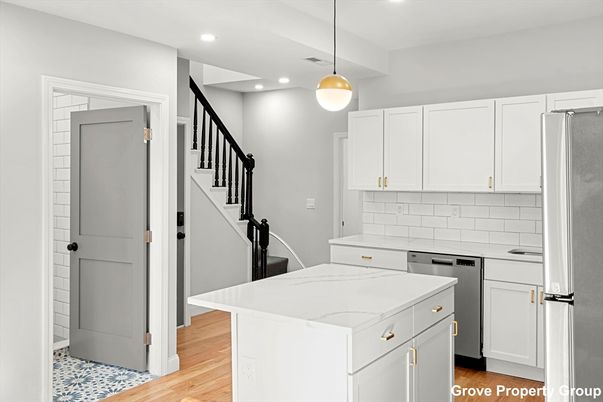 Interior, Kitchen, Pendant Lights, Recessed Lighting, Stainless Steel Appliances, Wood Texture Flooring