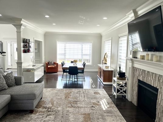 Dining room, Fireplace, Interior, Living room, Recessed Lighting, Wood Texture Flooring