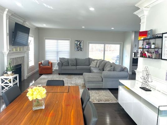 Dining room, Fireplace, Interior, Living room, Recessed Lighting, Wood Texture Flooring