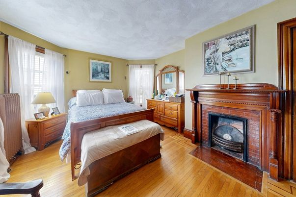 Bedroom, Fireplace, Interior, Wood Texture Flooring