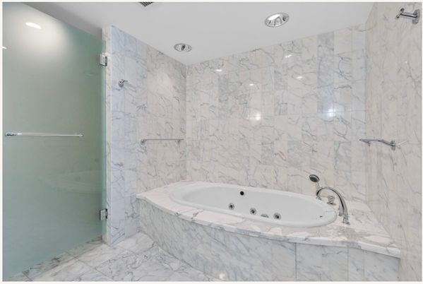 Bathroom, Glass Shower, Interior, Marble, Marble Walls, Recessed Lighting