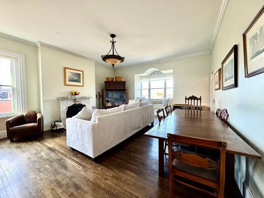 Dining room, Fireplace, Interior, Living room, Pendant Lights, Wood Texture Flooring