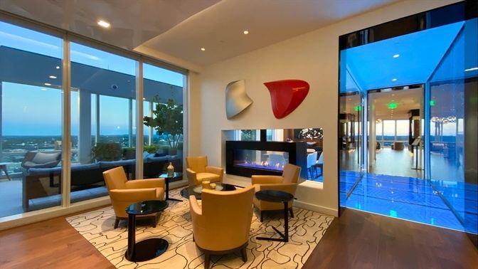 Fireplace, Interior, Living room, Recessed Lighting, Water, Wood Texture Flooring