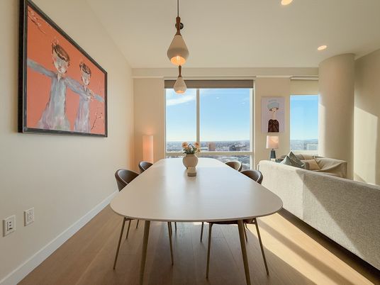 Dining room, Interior, Living room, Pendant Lights, Recessed Lighting, Wood Texture Flooring