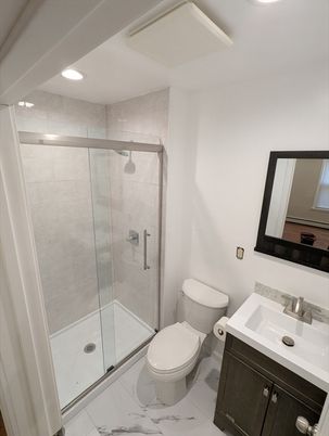 Bathroom, Glass Shower, Interior, Marble, Recessed Lighting