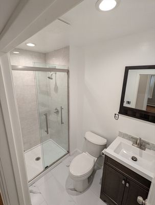 Bathroom, Glass Shower, Interior, Marble, Recessed Lighting