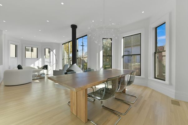Dining room, Interior, Living room, Pendant Lights, Recessed Lighting, Wood Texture Flooring