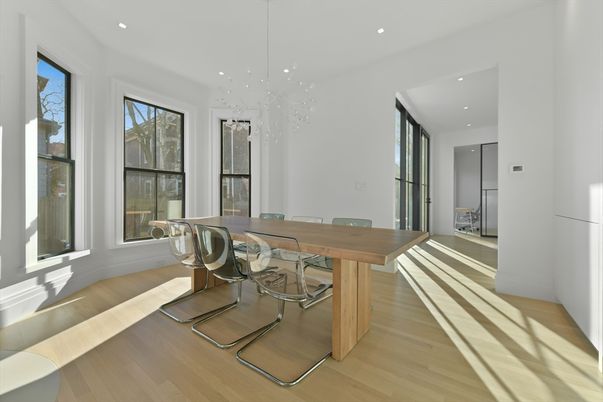 Dining room, Interior, Pendant Lights, Recessed Lighting, Wood Texture Flooring