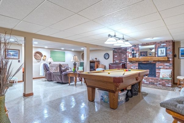 Billiard Table, Fireplace, Game Room, Interior, Living room, Recessed Lighting, Stone Walls