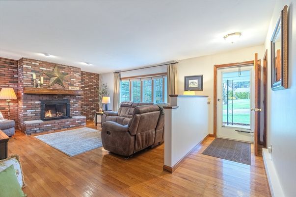 Fireplace, Interior, Living room, Stone Walls, Wood Texture Flooring