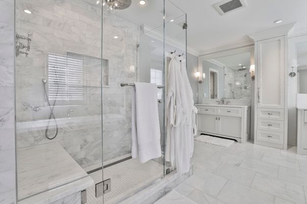 Bathroom, Glass Shower, Interior, Marble Walls, Recessed Lighting