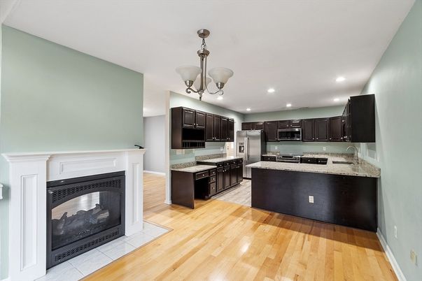 Fireplace, Interior, Kitchen, Pendant Lights, Recessed Lighting, Stainless Steel Appliances, Wood Texture Flooring