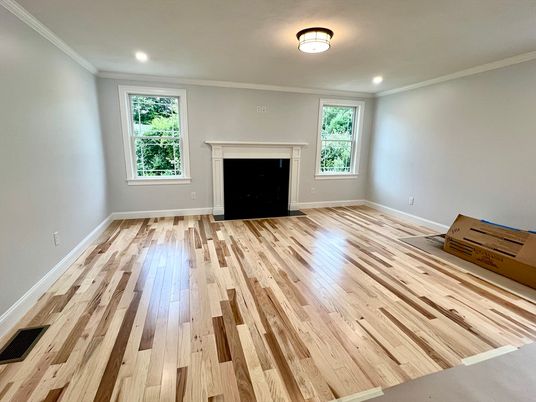 Empty room, Fireplace, Interior, Recessed Lighting, Wood Texture Flooring