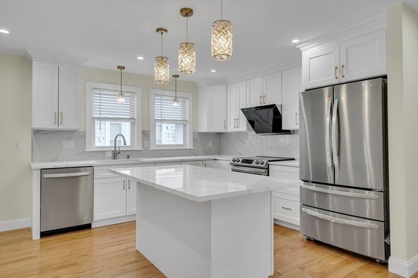Interior, Kitchen, Pendant Lights, Recessed Lighting, Stainless Steel Appliances, Wood Texture Flooring