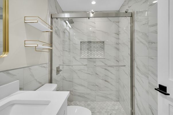 Bathroom, Glass Shower, Interior, Marble Walls
