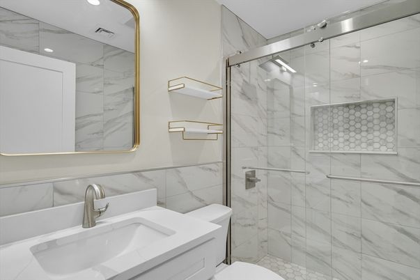 Bathroom, Glass Shower, Interior, Marble Walls, Recessed Lighting