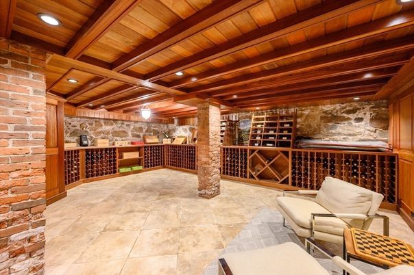 Interior, Recessed Lighting, Stone Walls, Wine Storage, Wooden Ceilings