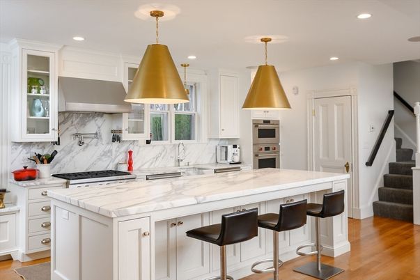 Interior, Kitchen, Marble Walls, Pendant Lights, Recessed Lighting, Stainless Steel Appliances, Wood Texture Flooring