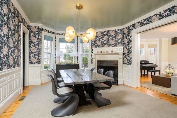 Dining room, Fireplace, Interior, Pendant Lights, Piano, Wood Texture Flooring