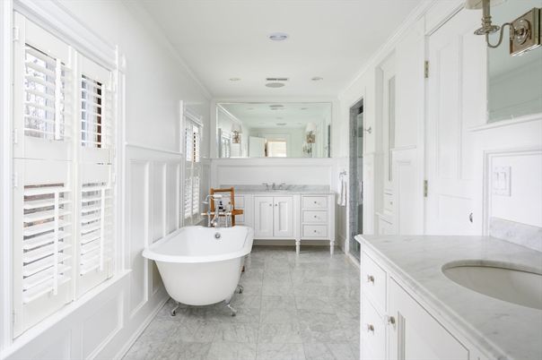 Bathroom, Dual Sink Vanities, Free Standing Baths, Interior, Marble, Recessed Lighting