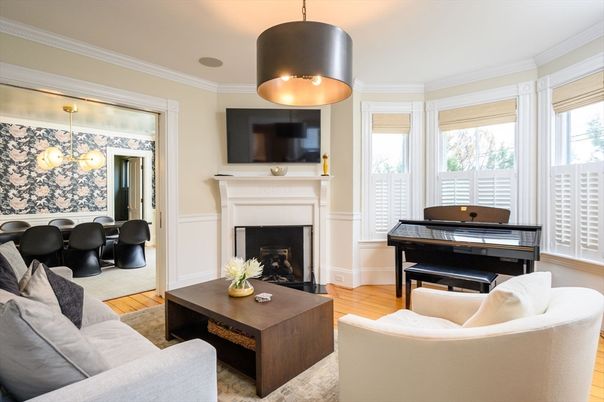 Dining room, Fireplace, Interior, Living room, Pendant Lights, Piano, Wood Texture Flooring