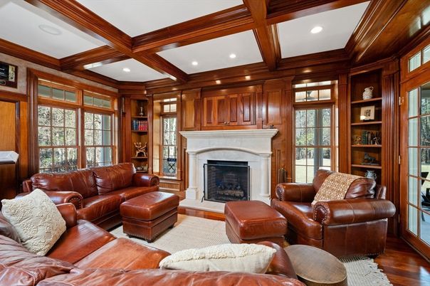 Fireplace, Interior, Living room, Recessed Lighting, Wooden Beams, Wood Texture Flooring, Wooden Walls
