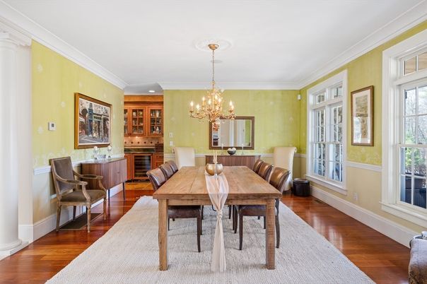 Chandelier, Dining room, Interior, Recessed Lighting, Wood Texture Flooring