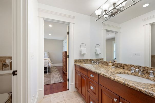 Bathroom, Bedroom, Dual Sink Vanities, Interior, Recessed Lighting, Wood Texture Flooring