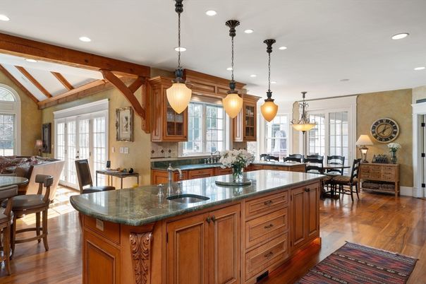 Dining room, Interior, Kitchen, Pendant Lights, Recessed Lighting, Wooden Beams, Wood Texture Flooring