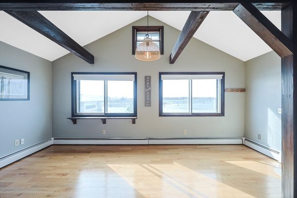 Empty room, Interior, Pendant Lights, Wooden Beams, Wood Texture Flooring