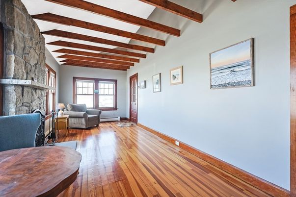 Fireplace, Interior, Living room, Stone Walls, Wooden Beams, Wood Texture Flooring