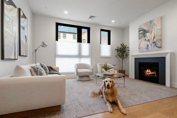 Fireplace, Interior, Living room, Recessed Lighting, Wood Texture Flooring