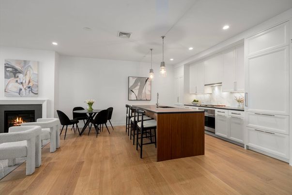 Dining room, Fireplace, Interior, Kitchen, Pendant Lights, Recessed Lighting, Wood Texture Flooring
