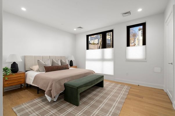 Bedroom, Interior, Recessed Lighting, Wood Texture Flooring