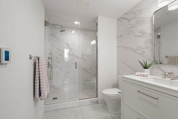 Bathroom, Glass Shower, Interior, Marble Walls, Recessed Lighting