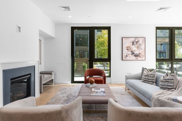 Fireplace, Interior, Living room, Recessed Lighting, Wood Texture Flooring