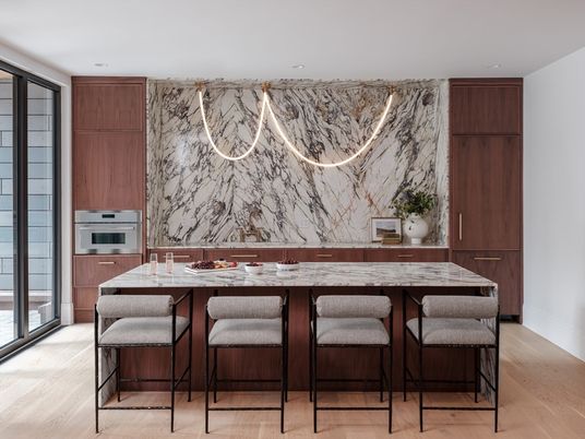 Interior, Kitchen, Marble Walls, Recessed Lighting, Wood Texture Flooring