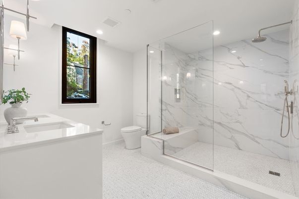 Bathroom, Glass Shower, Interior, Marble Walls, Recessed Lighting